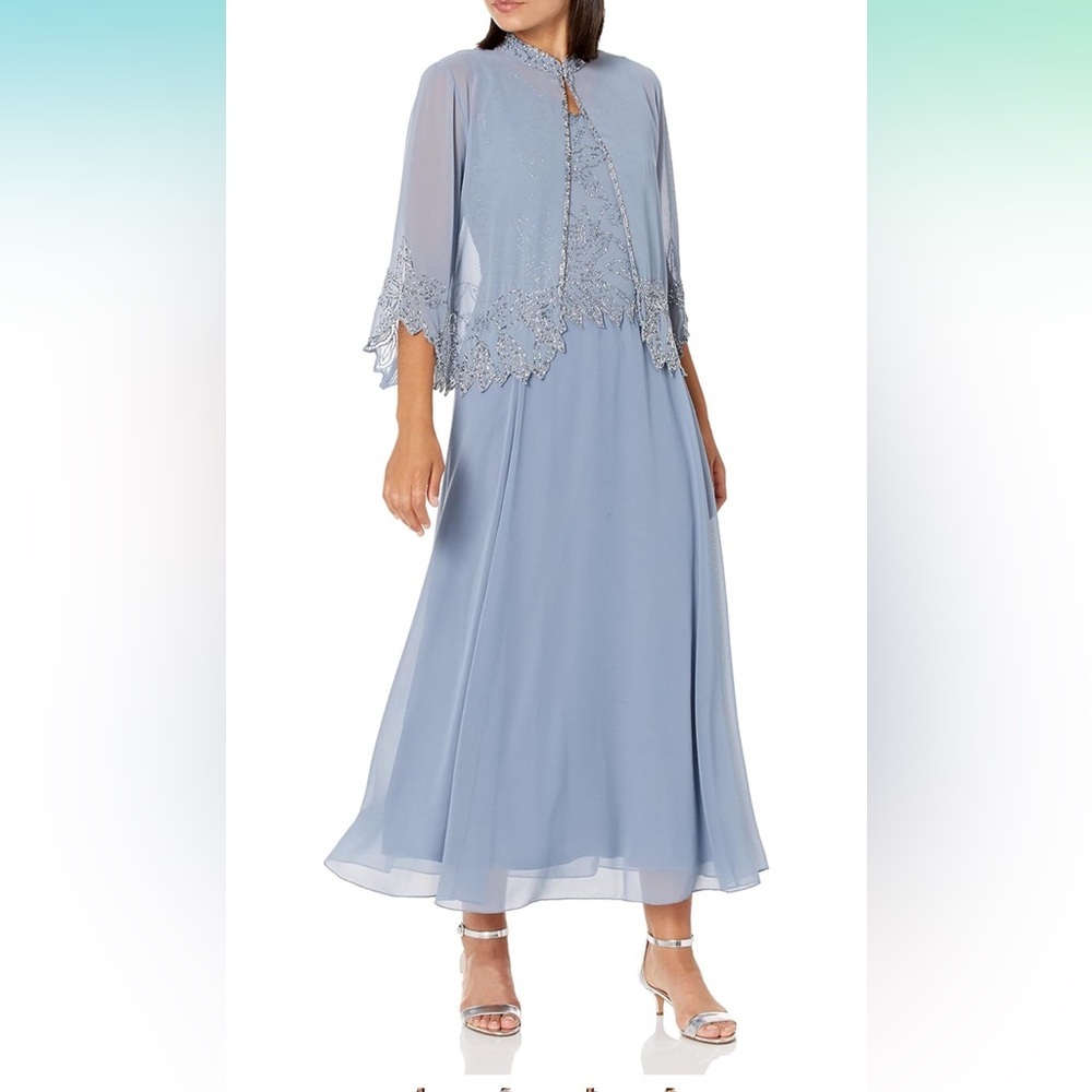 JK ARA 6 dusty blue long dress with hand beaded throw over top